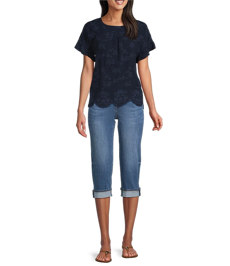 Leo & Nicole Allover Navy Embroidery Crew Neck Short Ruffle Sleeve Scalloped Hem Top