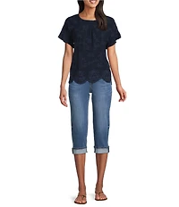 Leo & Nicole Allover Navy Embroidery Crew Neck Short Ruffle Sleeve Scalloped Hem Top