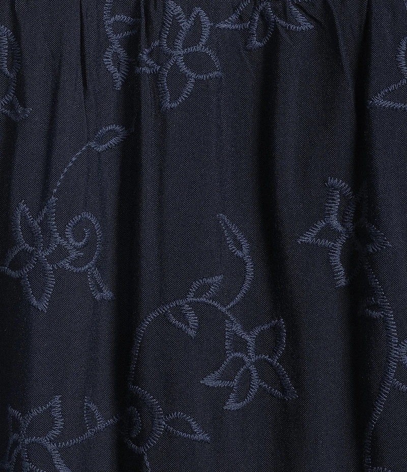 Leo & Nicole Allover Navy Embroidery Crew Neck Short Ruffle Sleeve Scalloped Hem Top