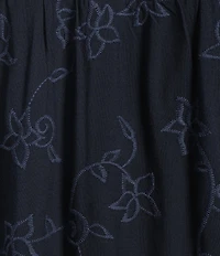Leo & Nicole Allover Navy Embroidery Crew Neck Short Ruffle Sleeve Scalloped Hem Top