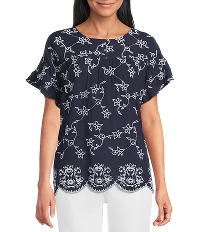 Leo & Nicole Allover White Embroidery Crew Neck Short Ruffle Sleeve Scalloped Hem Top