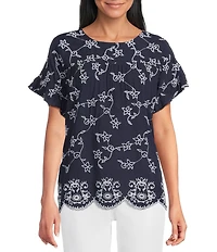 Leo & Nicole Allover White Embroidery Crew Neck Short Ruffle Sleeve Scalloped Hem Top