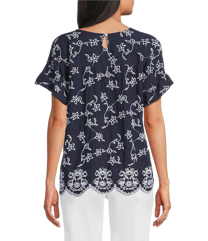 Leo & Nicole Allover White Embroidery Crew Neck Short Ruffle Sleeve Scalloped Hem Top