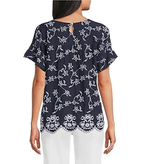 Leo & Nicole Allover White Embroidery Crew Neck Short Ruffle Sleeve Scalloped Hem Top