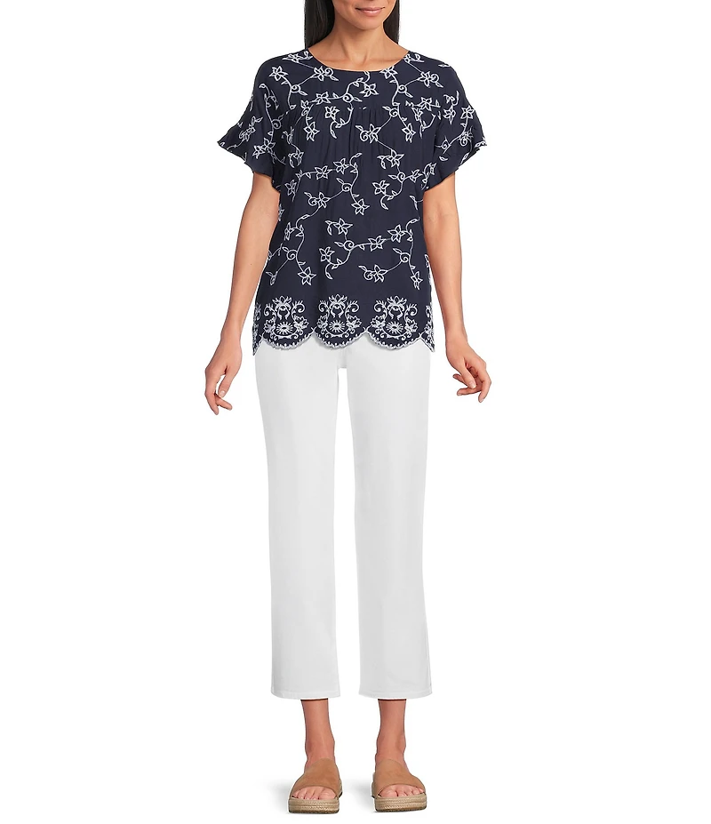 Leo & Nicole Allover White Embroidery Crew Neck Short Ruffle Sleeve Scalloped Hem Top