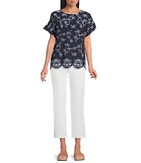 Leo & Nicole Allover White Embroidery Crew Neck Short Ruffle Sleeve Scalloped Hem Top