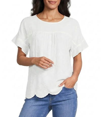 Leo & Nicole Allover White Embroidery Crew Neck Short Ruffle Sleeve Scalloped Hem Top
