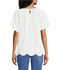 Leo & Nicole Allover White Embroidery Crew Neck Short Ruffle Sleeve Scalloped Hem Top