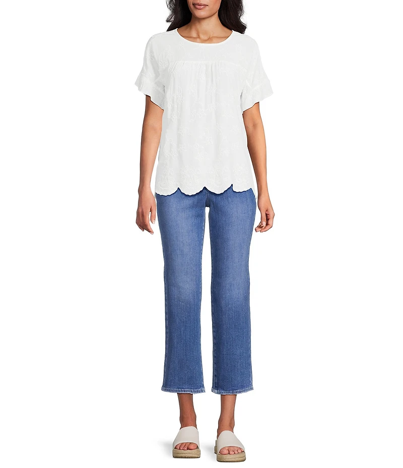 Leo & Nicole Allover White Embroidery Crew Neck Short Ruffle Sleeve Scalloped Hem Top