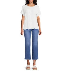 Leo & Nicole Allover White Embroidery Crew Neck Short Ruffle Sleeve Scalloped Hem Top