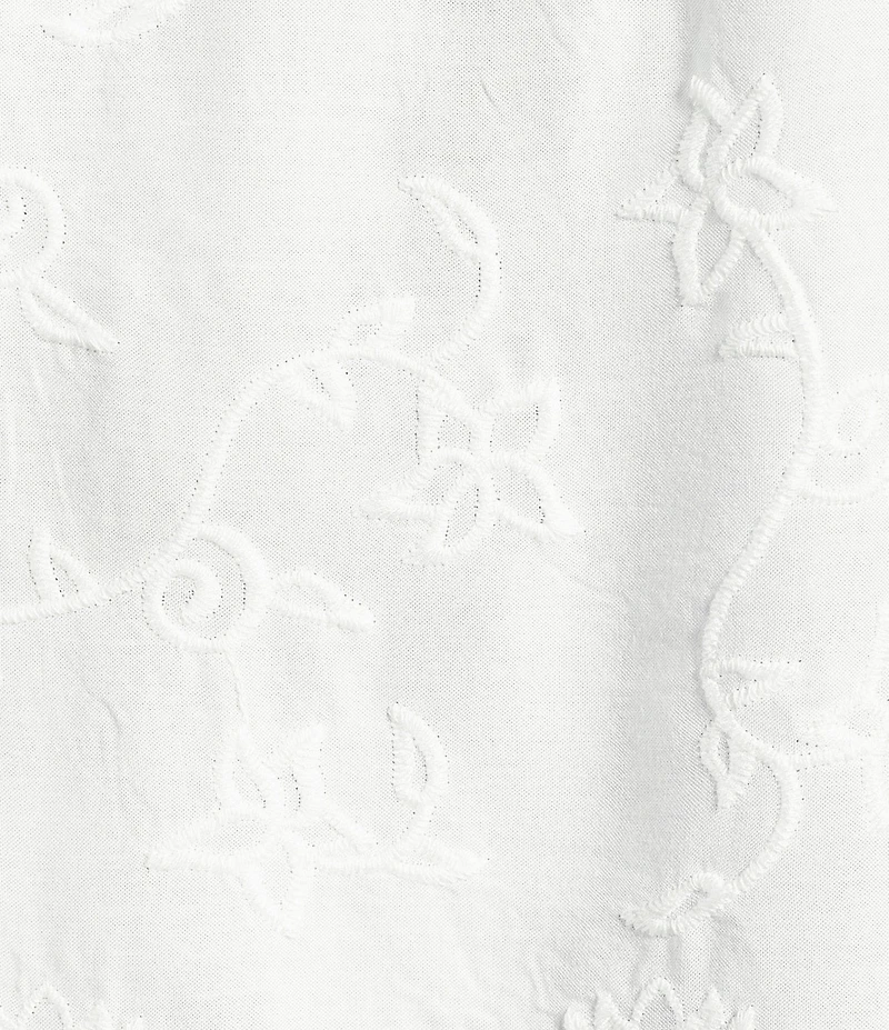 Leo & Nicole Allover White Embroidery Crew Neck Short Ruffle Sleeve Scalloped Hem Top