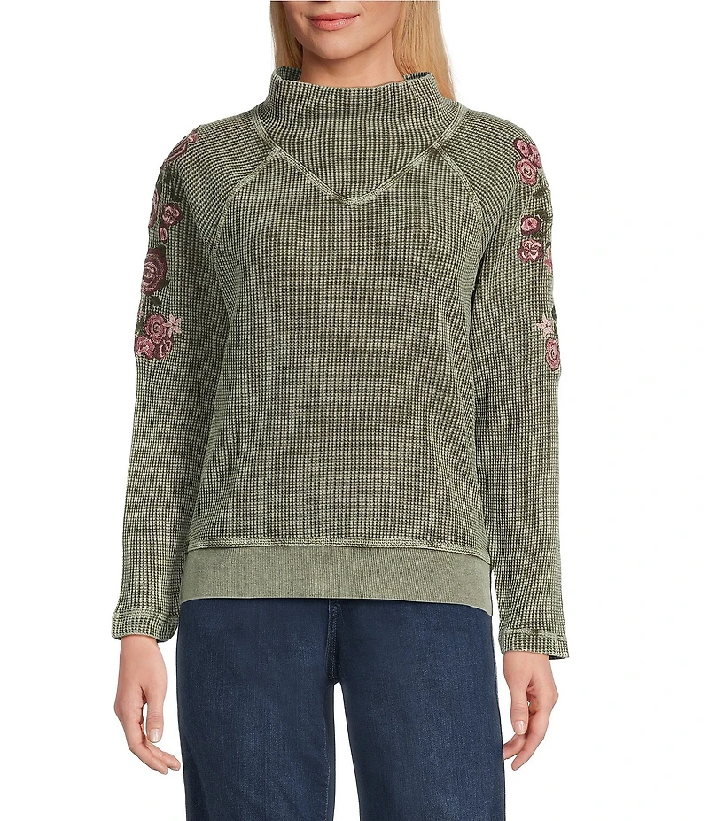 Leo & Nicole Embroidered Mock Neckline Long Sleeve Waffle Acid Wash Top