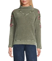 Leo & Nicole Embroidered Mock Neckline Long Sleeve Waffle Acid Wash Top