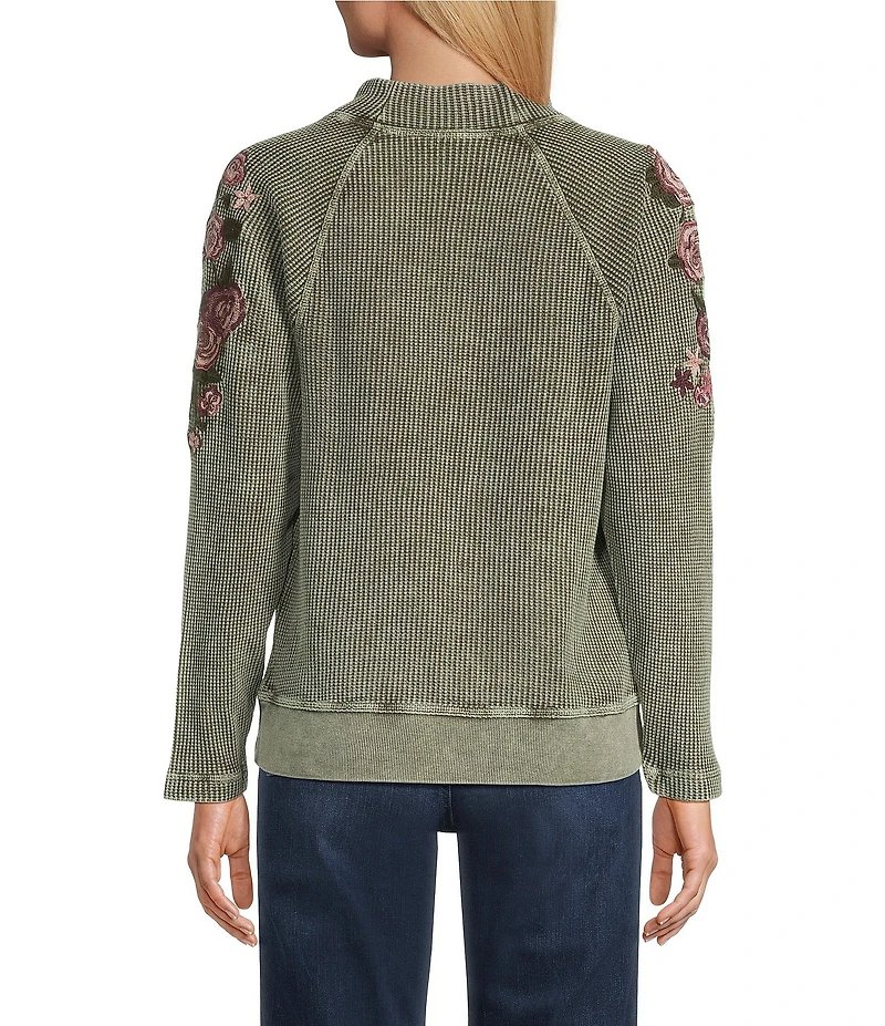Leo & Nicole Embroidered Mock Neckline Long Sleeve Waffle Acid Wash Top