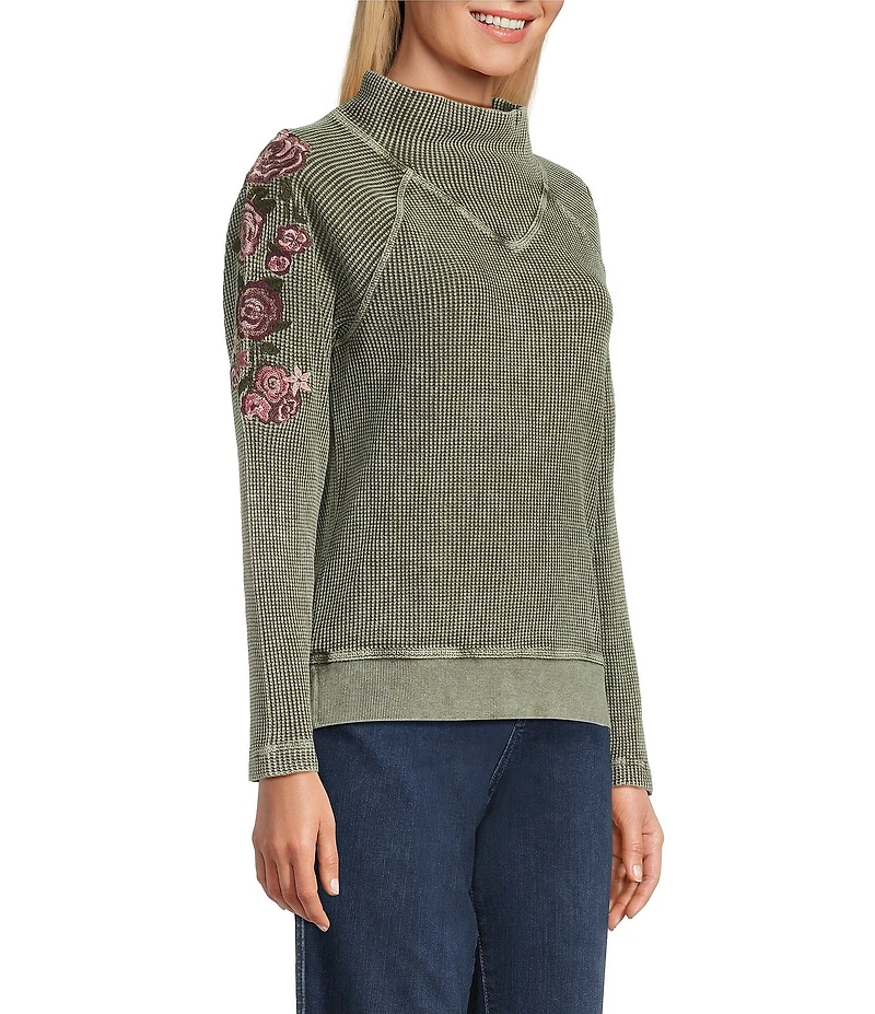 Leo & Nicole Embroidered Mock Neckline Long Sleeve Waffle Acid Wash Top