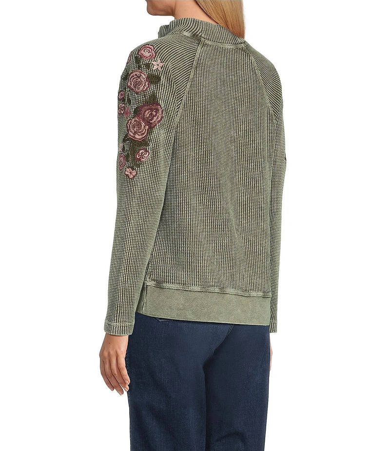 Leo & Nicole Embroidered Mock Neckline Long Sleeve Waffle Acid Wash Top