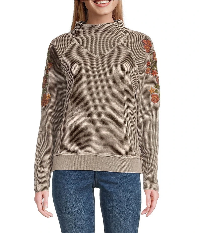Leo & Nicole Embroidered Mock Neckline Long Sleeve Waffle Acid Wash Top
