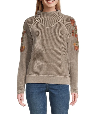 Leo & Nicole Embroidered Mock Neckline Long Sleeve Waffle Acid Wash Top