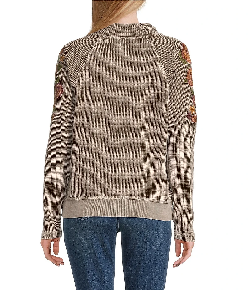 Leo & Nicole Embroidered Mock Neckline Long Sleeve Waffle Acid Wash Top
