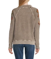 Leo & Nicole Embroidered Mock Neckline Long Sleeve Waffle Acid Wash Top