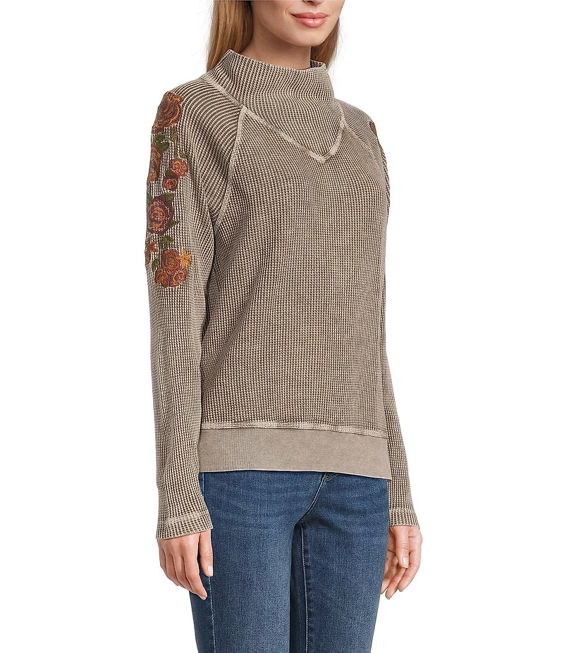 Leo & Nicole Embroidered Mock Neckline Long Sleeve Waffle Acid Wash Top