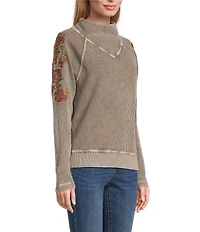 Leo & Nicole Embroidered Mock Neckline Long Sleeve Waffle Acid Wash Top