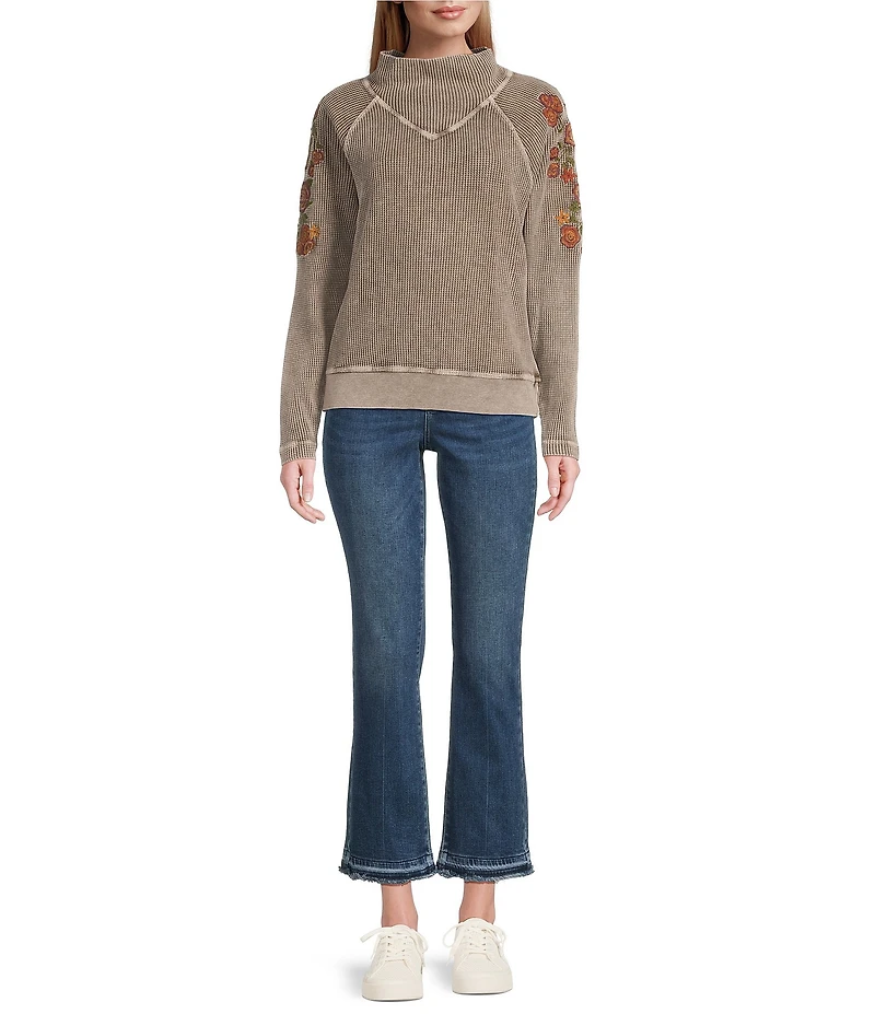 Leo & Nicole Embroidered Mock Neckline Long Sleeve Waffle Acid Wash Top