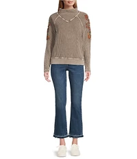 Leo & Nicole Embroidered Mock Neckline Long Sleeve Waffle Acid Wash Top