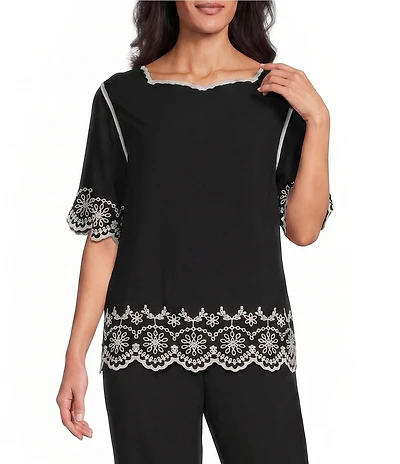 Leo & Nicole Embroidered Scalloped Elbow Sleeve Top