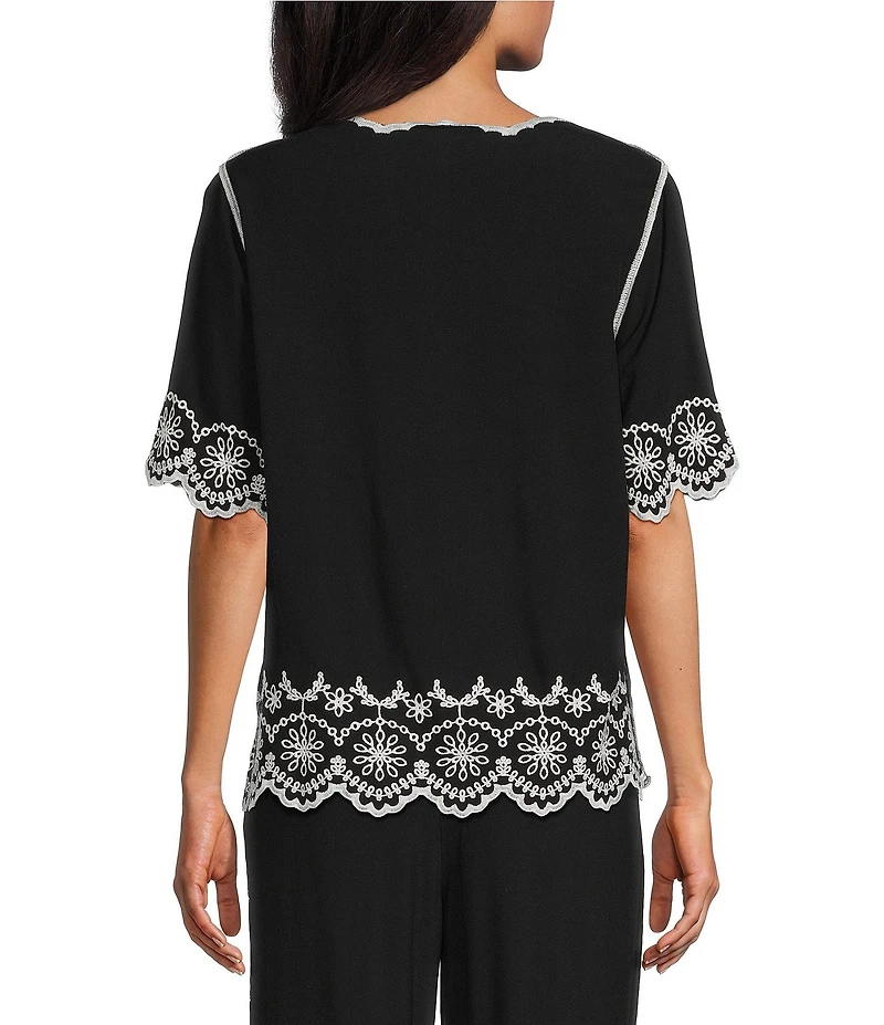 Leo & Nicole Embroidered Scalloped Elbow Sleeve Top