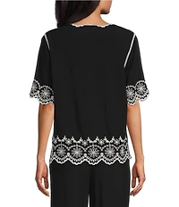 Leo & Nicole Embroidered Scalloped Elbow Sleeve Top