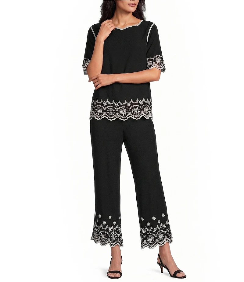 Leo & Nicole Embroidered Scalloped Elbow Sleeve Top