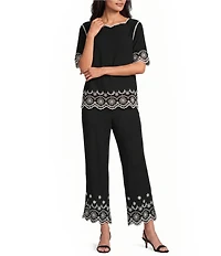 Leo & Nicole Embroidered Scalloped Elbow Sleeve Top