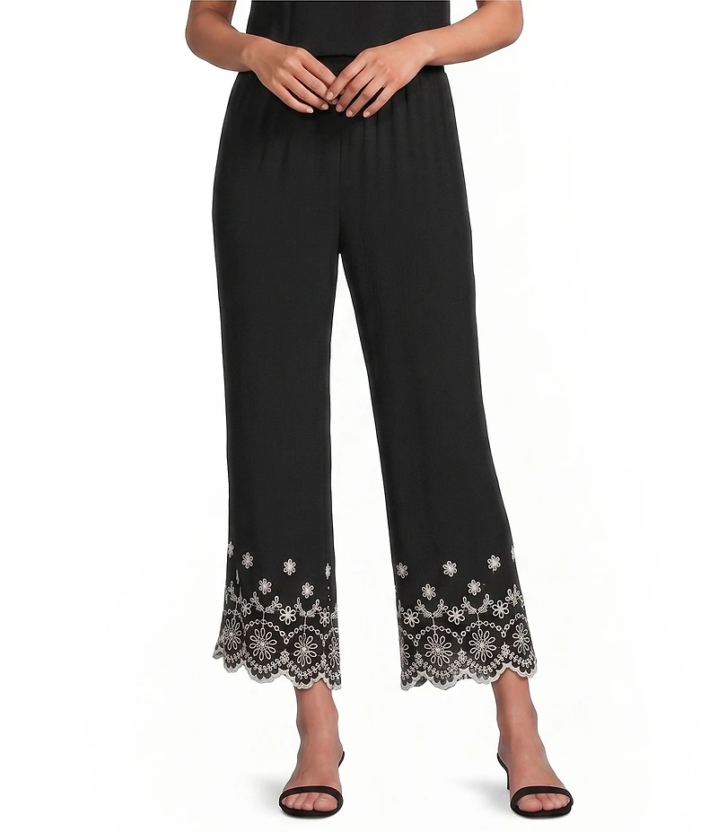 Leo & Nicole Embroidered Scalloped Hem Pull-On Pants