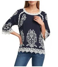 Leo & Nicole Embroidered Scoop Neck 3/4 Sleeve Lace Trim Top