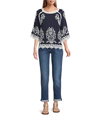 Leo & Nicole Embroidered Scoop Neck 3/4 Sleeve Lace Trim Top