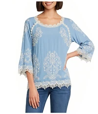 Leo & Nicole Embroidered Scoop Neck 3/4 Sleeve Lace Trim Top