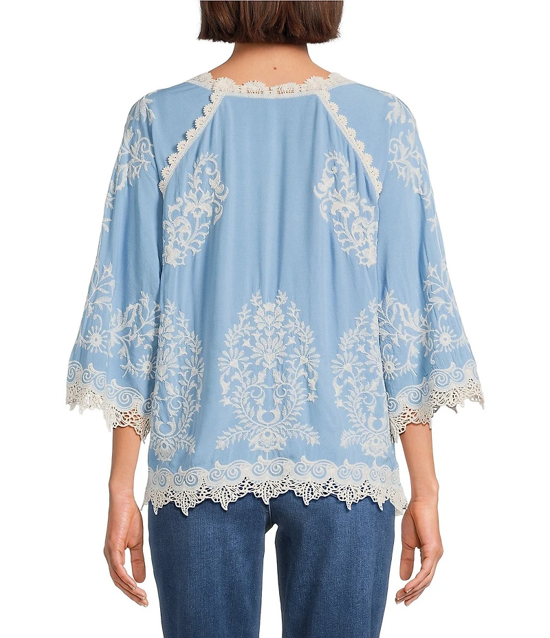 Leo & Nicole Embroidered Scoop Neck 3/4 Sleeve Lace Trim Top