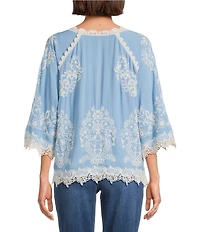 Leo & Nicole Embroidered Scoop Neck 3/4 Sleeve Lace Trim Top