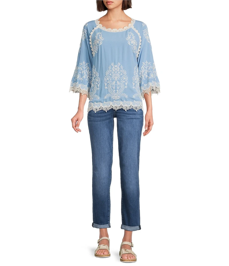 Leo & Nicole Embroidered Scoop Neck 3/4 Sleeve Lace Trim Top