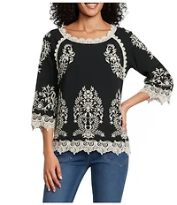 Leo & Nicole Embroidered Scoop Neck 3/4 Sleeve Lace Trim Top