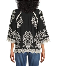 Leo & Nicole Embroidered Scoop Neck 3/4 Sleeve Lace Trim Top