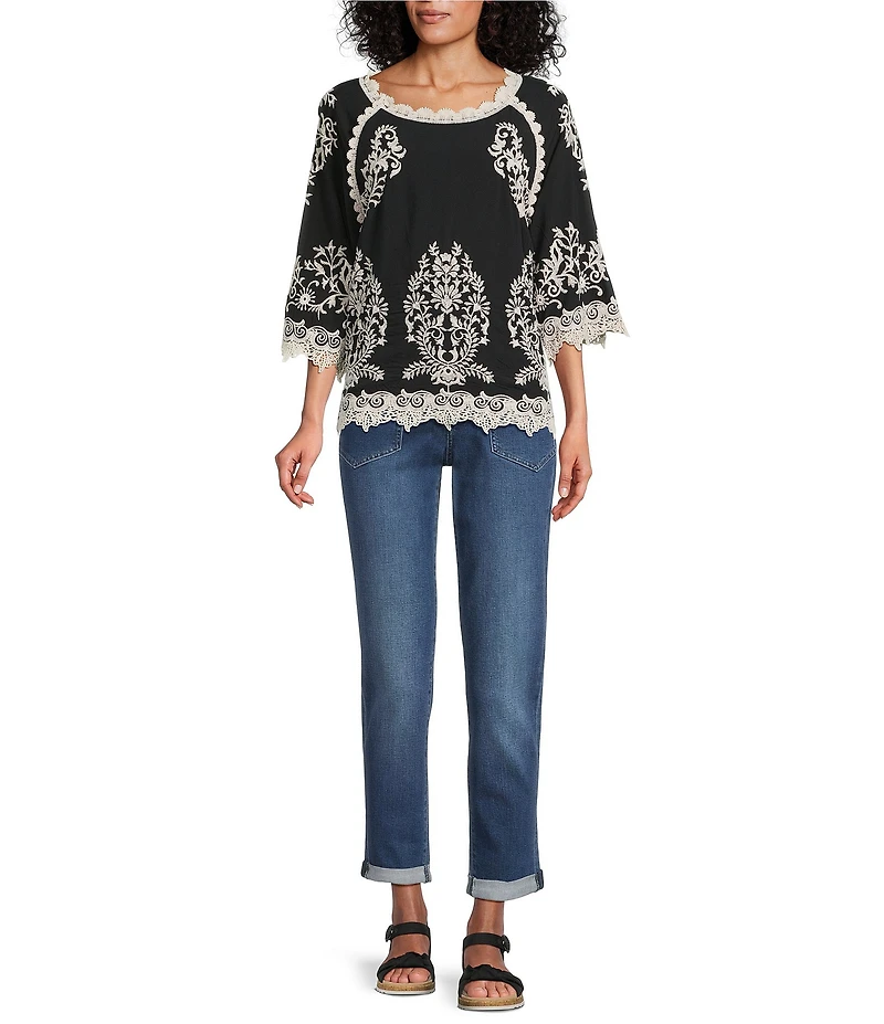 Leo & Nicole Embroidered Scoop Neck 3/4 Sleeve Lace Trim Top