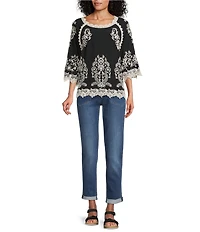 Leo & Nicole Embroidered Scoop Neck 3/4 Sleeve Lace Trim Top
