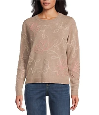 Leo & Nicole Fine Gauge Doe Multi Ribbed Crew Neck Long Sleeve Soutache Trim Sweater