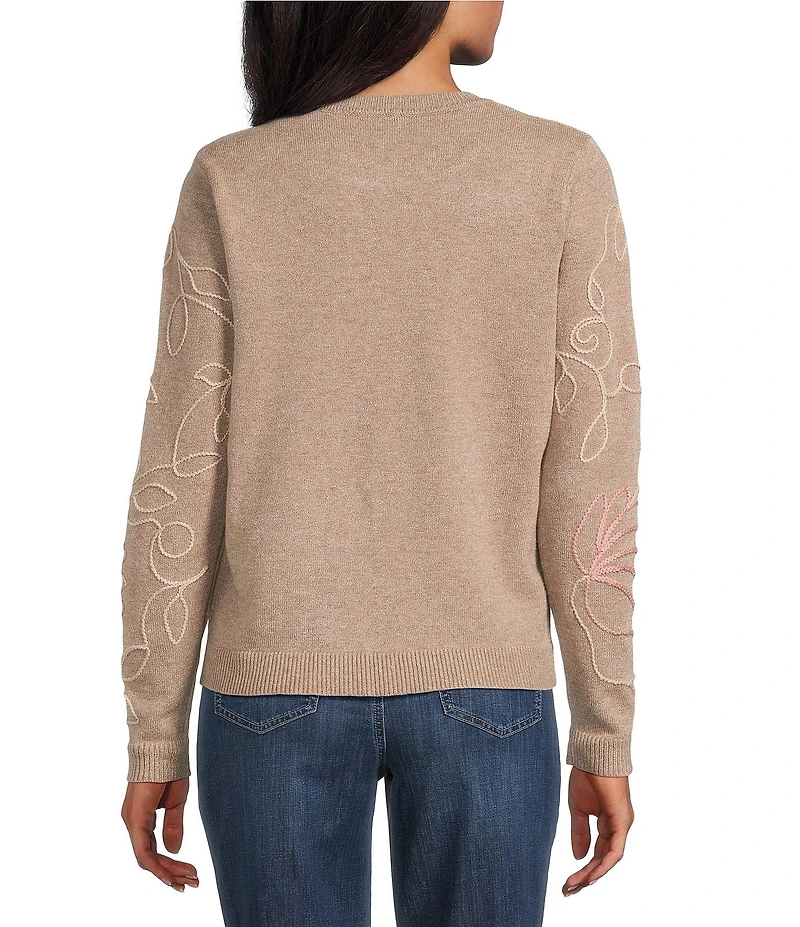 Leo & Nicole Fine Gauge Doe Multi Ribbed Crew Neck Long Sleeve Soutache Trim Sweater