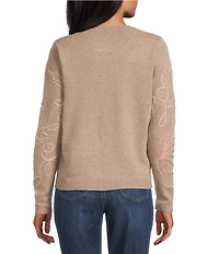 Leo & Nicole Fine Gauge Doe Multi Ribbed Crew Neck Long Sleeve Soutache Trim Sweater