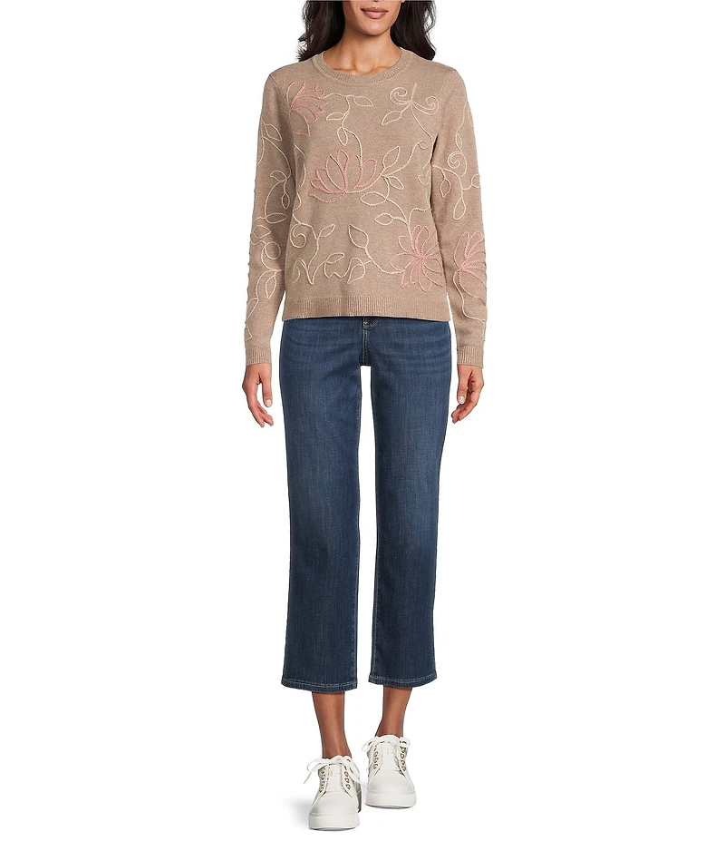 Leo & Nicole Fine Gauge Doe Multi Ribbed Crew Neck Long Sleeve Soutache Trim Sweater