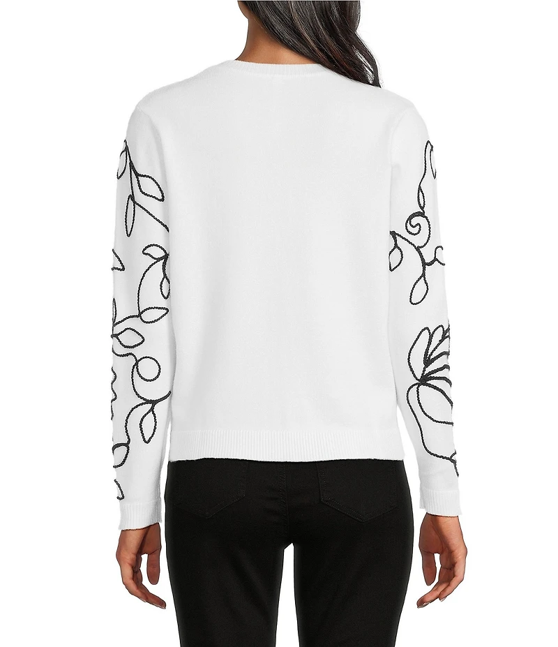 Leo & Nicole Fine Gauge Meringue Ribbed Crew Neck Long Sleeve Soutache Trim Sweater