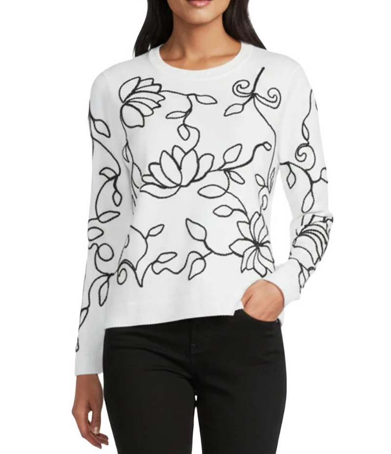 Leo & Nicole Fine Gauge Meringue Ribbed Crew Neck Long Sleeve Soutache Trim Sweater